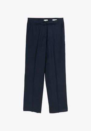 Granatowe spodnie o szerokich nogawkach, wykonane z lekkiego materiału, z płaskim przodem, dwiema bocznymi kieszeniami i luźnym krojem.