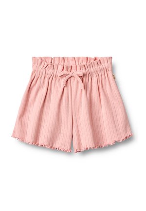 Shorts roses en tissu côtelé, dotés d'une taille élastique avec cordon de serrage et d'un ourlet en forme de vagues. Pas de poches.