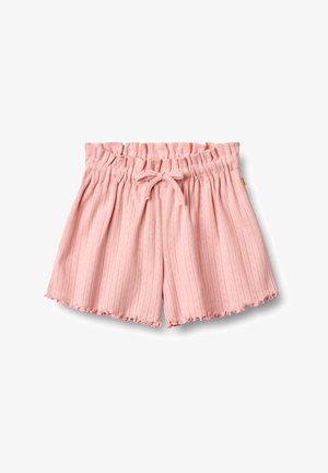 Pantaloni shorts rosa realizzati in tessuto a costine, dotati di una vita elastica con coulisse e orlo scallopato. Senza tasche.