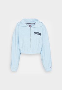 Light blue cropped hoodie made from soft fabric. Features a front zipper, large hood, and embroidered "TOMMY JEANS" logo in black.
