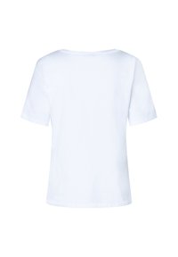 Weißes T-Shirt mit kurzen Ärmeln, runden Ausschnitt und weichem Baumwollstoff. Verfügt über einen geraden Saum und ein einfaches, nahtloses Design.