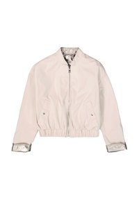 Light pink bomber jacket with a zip front, elasticated hem, and cuffs with metallic accents. Features two side pockets. Smooth texture.