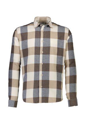 Blouse met lange mouwen in een ruitpatroon met grote vierkanten in beige, bruin en blauwe tinten. Met knoopsluiting en een borstzakdetail. Gemaakt van een katoenmix.