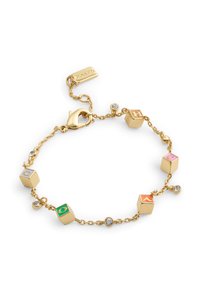 Gold bracelet featuring colorful enamel blocks with letters A, C, G, H, and round clear crystals embedded in the chain. Toggle clasp included.