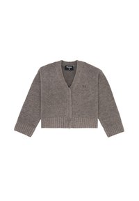 Hnědý zkrácený kardigan s výstřihem do V, žebrovanými manžetami a spodním lemem. Obsahuje pět knoflíkový zapínání a malé logo detail na hrudi.