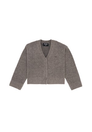 Bruine, cropped cardigan met een V-hals, geribbelde manchetten en onderzoom. Voorzien van een sluiting met vijf knopen en een klein logo-detail op de borst.