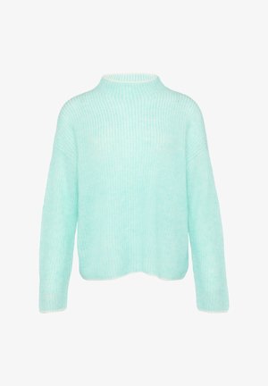 Svetlo mätovo-zelený pletený sveter s vysokým golierom, dlhými rukávmi a rebrovanou textúrou. Mäkký, voľný strih a žiadne viditeľné zapínanie.