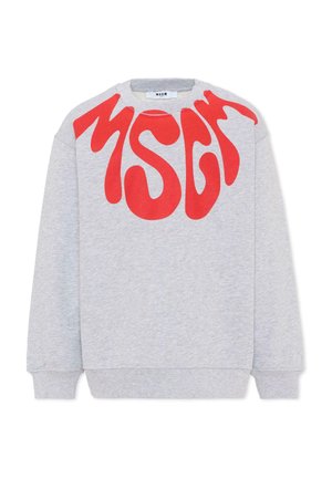 Jasnoszara bluza z wyrazistymi czerwonymi falistymi literami "MSGM" na górnej części klatki piersiowej i ramionach, długie rękawy oraz ściągacze na rękawach.