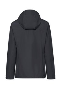 Schwarze Kapuzenjacke, Rückansicht, mit langen Ärmeln und geradem Saum, auf weißem Hintergrund dargestellt.