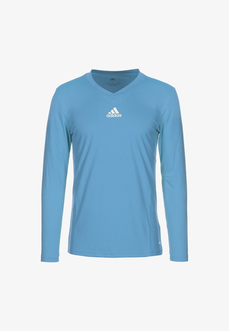 Světle modré sportovní tričko Adidas s dlouhým rukávem a výstřihem do V, s bílým logem Adidas umístěným na hrudi.