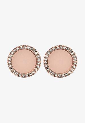 Boucles d'oreilles clous rondes en or rose avec une bordure de cristaux clairs et scintillants entourant un centre lisse.