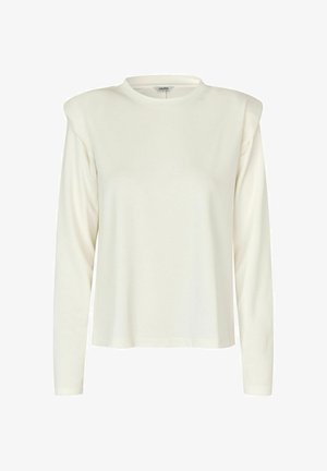 Długo rękawowy top w kolorze off-white, z okrągłym dekoltem, wyraźnymi akcentami na ramionach i luźnym krojem.