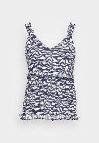 Top azul-marinho com padrão abstrato branco, decote em V, alças ajustáveis com babados, cintura franzida e bainha com babados.