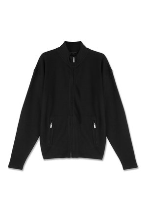 Black zip-up sweatshirt with a ribbed texture, high collar, and two side pockets with silver zipper details. Simple, modern design.