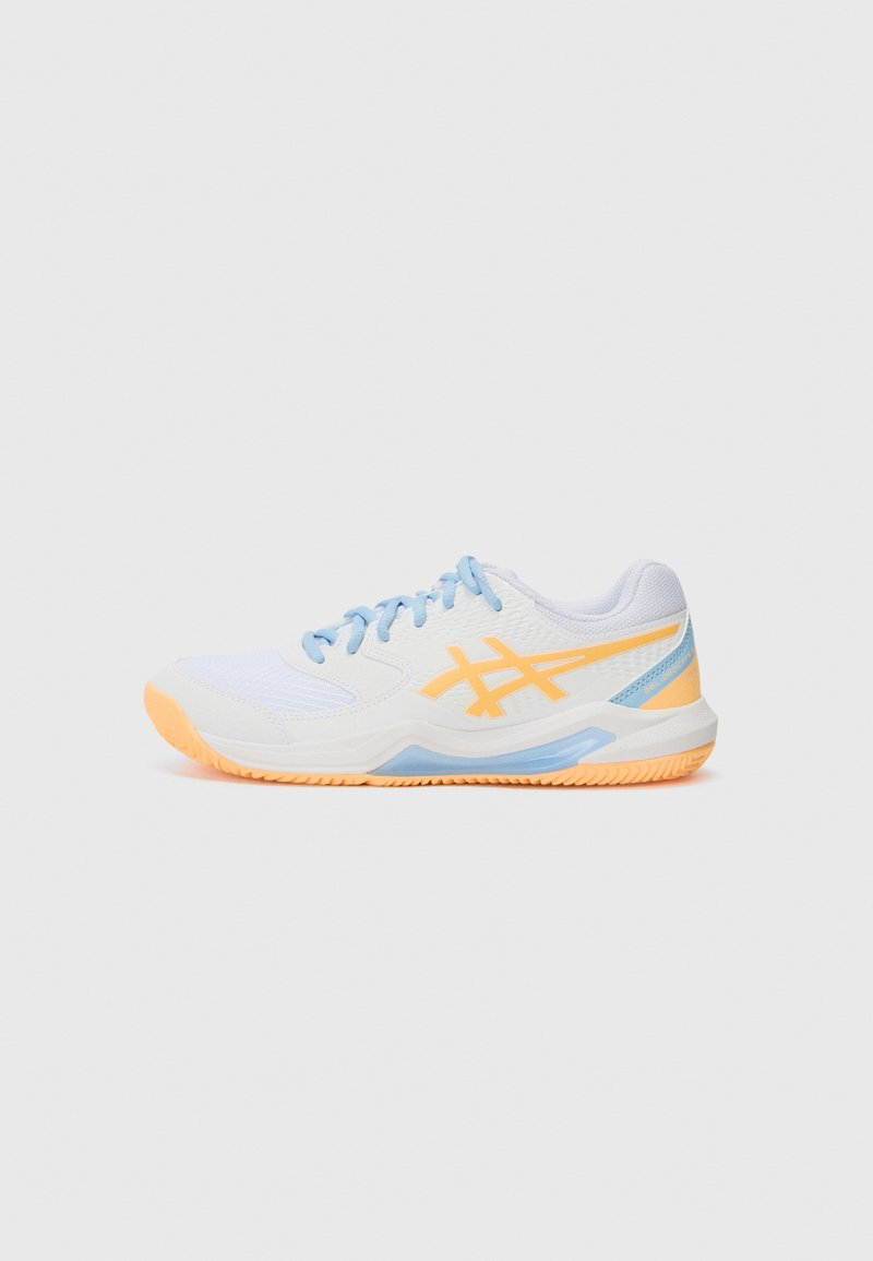 Lightweight athletic shoe in white, with blue laces and orange accents. Features textured upper, cushioned sole, and a wave design on the heel.
