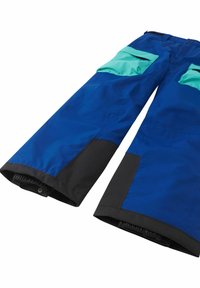 Blue snow pants with black accents, two turquoise cargo pockets, elastic cuffs, and a wide leg design. Made from durable, weather-resistant material.