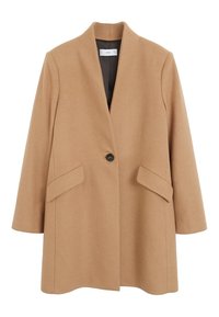 Manteau en laine couleur chameau avec une fermeture à un seul bouton noir, des poches à rabat et un design ajusté sans col.