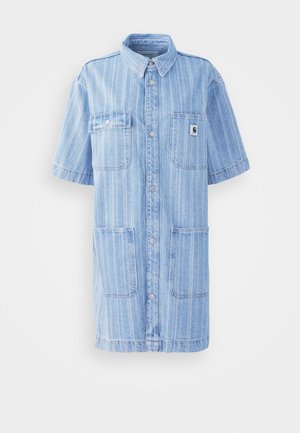 Light blue denim shirt dress with short sleeves, vertical white stripes, button front, two chest pockets, and one logo patch on pocket.