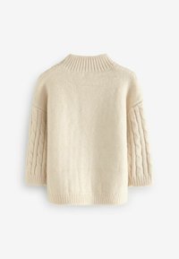Pull en tricot couleur crème avec un col côtelé et un motif à torsades sur les manches, avec une coupe décontractée et un ourlet côtelé.