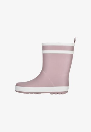 Botte de pluie en caoutchouc rose avec des rayures horizontales blanches, semelle texturée, design de hauteur intermédiaire et une languette à l'arrière pour un enfilage facile.
