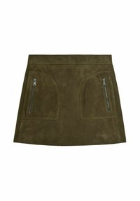 Fustă din piele întoarsă verde măsliniu, cu croială strânsă, prevăzută cu două buzunare cu fermoar și o textură netedă. Linii curate și detalii minimale.