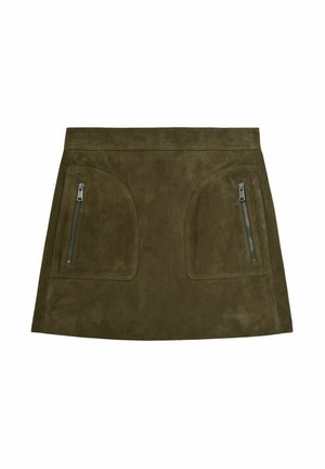 Olivgrön mockakjol med en figurnära passform, utrustad med två fickor med dragkedjor och en slät textur. Rena linjer och minimal detaljering.