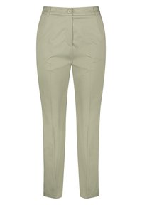 Light khaki trousers with a smooth texture, fitted design, front pockets, and a button closure at the waistband. Tailored, tapered legs.