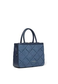 Marineblauwe gewatteerde tote bag met gladde leren accenten, dubbele handvatten en gouden logo-details. Ritsluiting en rechthoekige vorm.