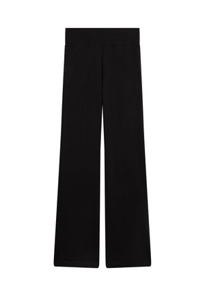 Pantaloni neri a gamba larga con una texture liscia e cintura elastica. Design semplice, senza fantasie o accenti, che offre un'opzione versatile.
