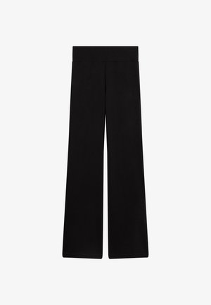 Pantaloni neri a gamba larga con una texture liscia e cintura elastica. Design semplice, senza fantasie o accenti, che offre un'opzione versatile.