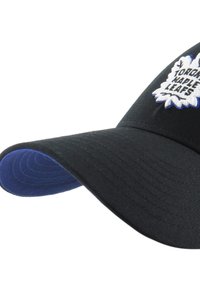 Black baseball cap with blue underside of the brim and white embroidered Toronto Maple Leafs logo on front panel.
