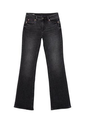 Czarne dżinsy z denimu o rozszerzanych nogawkach, z pięcioma kieszeniami, zapięciem na guzik oraz subtelną wyblakłą teksturą na całym materiale.