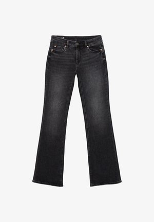 Černé džínové kalhoty s rozšířenými nohavicemi, pětikapsovým designem, zapínáním na knoflíky a jemně vyšisovanou texturou po celém materiálu.