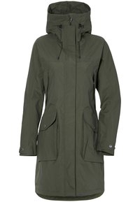 Olivgrüner wasserdichter Parka mit hohem Kragen, verstellbarem Kordelzugkapuze, Reißverschluss vorne und großen Klappentaschen. Glatte Textur.