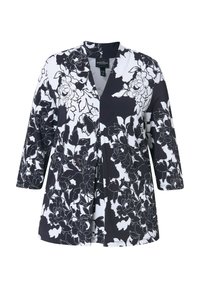 Blumenmuster-Jacke in Schwarz und Weiß, mit V-Ausschnitt, Dreiviertelärmeln und einer lockeren Passform sowie einer glatten Stoffstruktur.