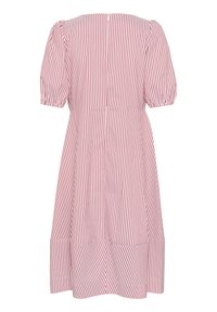 Red and white striped dress with puffed short sleeves and a knee-length skirt. Features a back zipper and gathered detail at the waist.