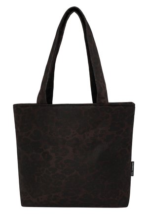 Sac cabas marron foncé avec un motif léopard subtil et deux longues anses, fabriqué en tissu solide.
