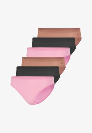 Sechs nahtlose Damen-Slips gestapelt, in Pink, Schwarz und Braun, jeweils mit einem kleinen Adidas-Logo an der Hüfte.
