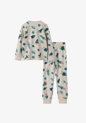 Pitkähihaiset pyjamapukuset beigeinä, joissa on värikäs avaruusteema, joka sisältää raketteja, planeettoja ja avaruusaluksia vihreillä, sinisillä ja mustilla yksityiskohdilla.