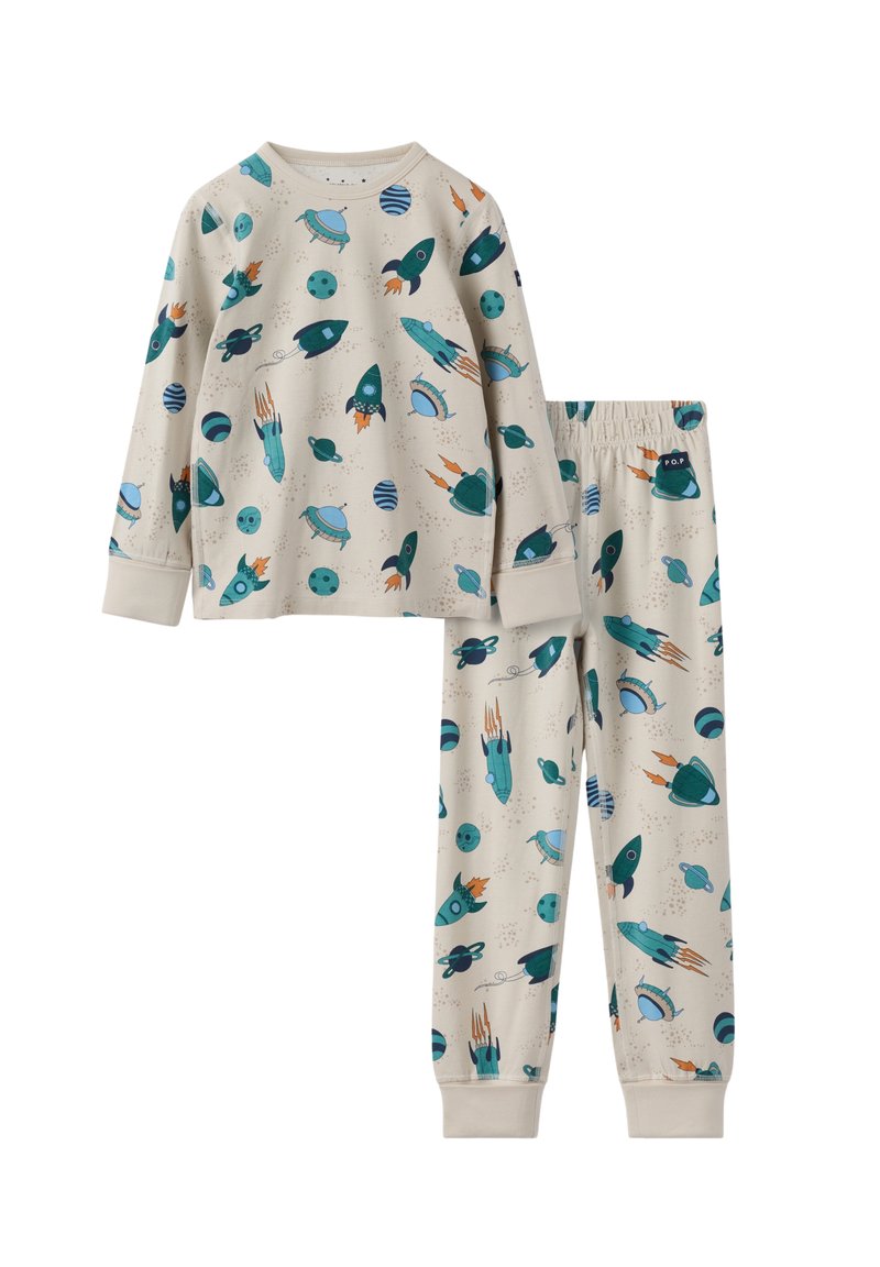 Langärmliges Pyjama-Set in Beige mit einem bunten Weltraum-Thema, das Raketen, Planeten und Raumschiffe in grünen, blauen und schwarzen Akzenten zeigt.