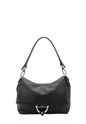 Black leather shoulder handbag with a curved top handle and gold-tone metal clasp on the front flap.