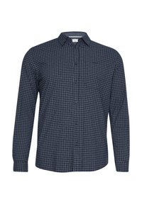 Marineblauw overhemd met lange mouwen en een geblokt patroon in het wit. Heeft een button-down kraag, knopen aan de voorkant en een borstzak aan de linkerkant.