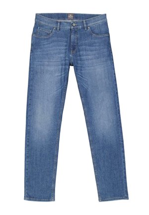 Blue straight-leg jeans with slight fading, five-pocket design, metal button, and zipper closure, displayed flat on white background.