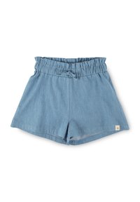 Light blue denim shorts with a stretchy, ruffled waistband, drawstring tie, and a small brand patch on the bottom right.