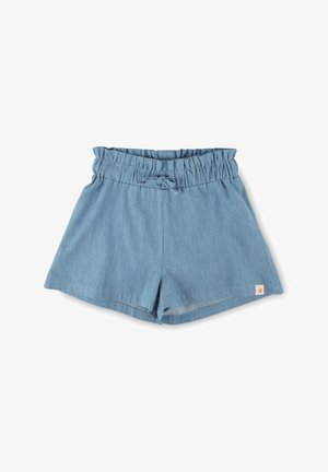 Light blue denim shorts with a stretchy, ruffled waistband, drawstring tie, and a small brand patch on the bottom right.