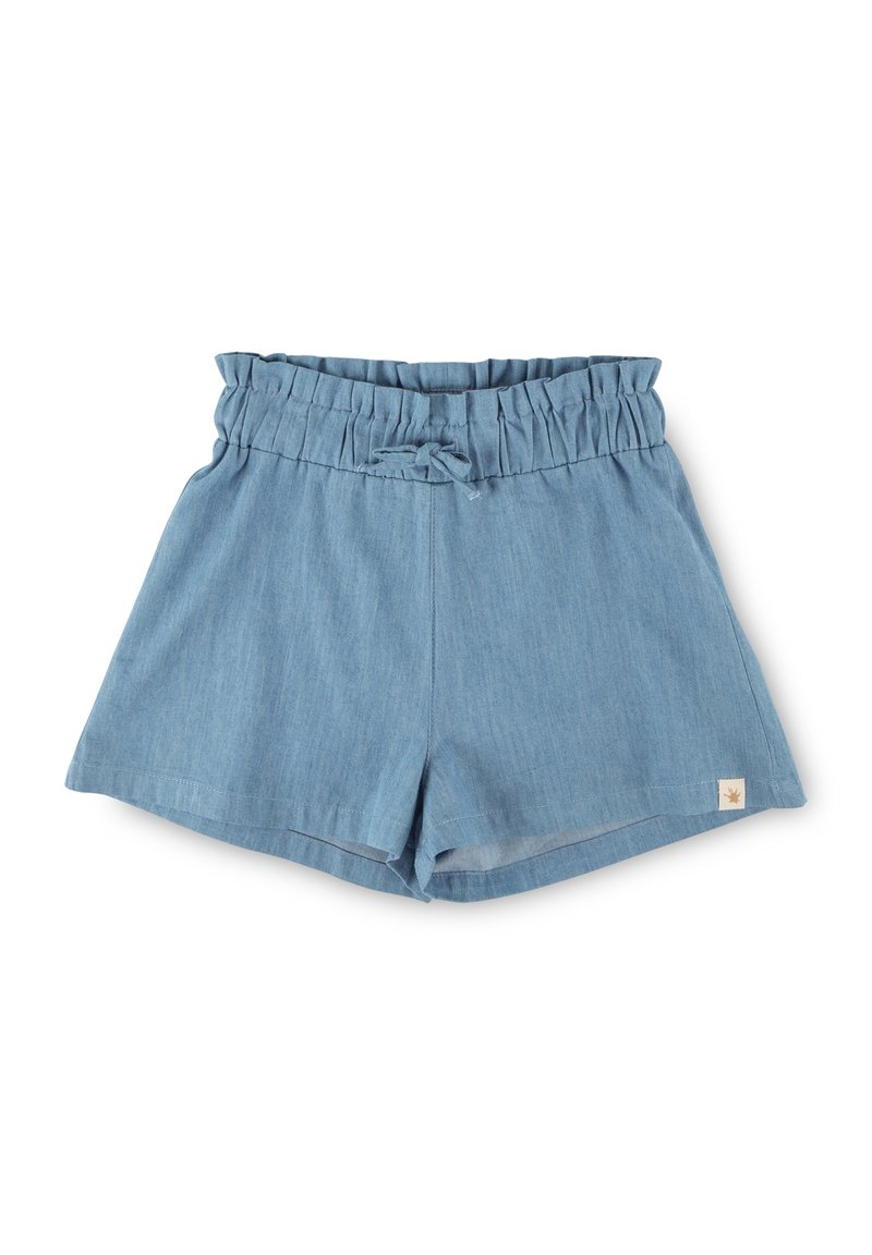 Light blue denim shorts with a stretchy, ruffled waistband, drawstring tie, and a small brand patch on the bottom right.