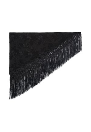 Châle triangulaire noir avec broderies florales et longue frange sur un bord, présenté à plat sur fond blanc.