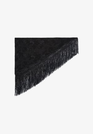 Châle triangulaire noir avec broderies florales et longue frange sur un bord, présenté à plat sur fond blanc.