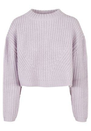 Pulover din tricot lavandă, scurt, cu o textură texturată, gât rotund înalt și umeri lăsați. Prezintă un croi lejer și mâneci largi.