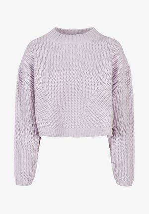 Rövidített levendula kötött pulóver bordázott textúrával, magas kerek nyakkal és leengedett vállakkal. Laid-back fazonú, széles ujjaival.